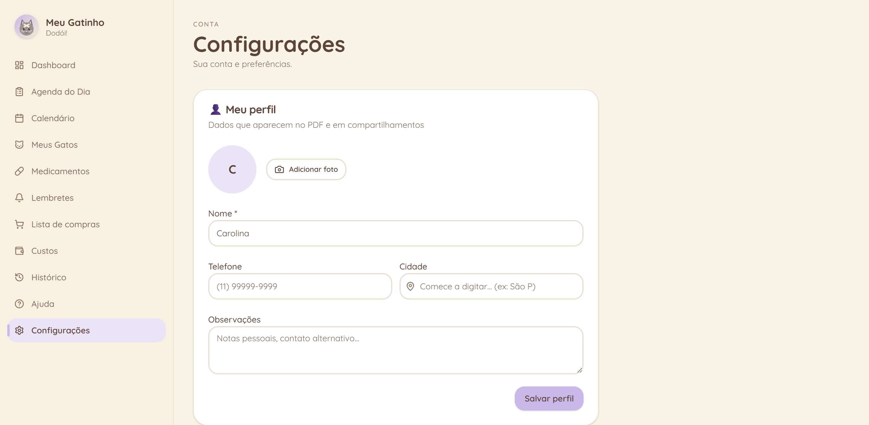 Sua foto e dados de contato em Configurações.