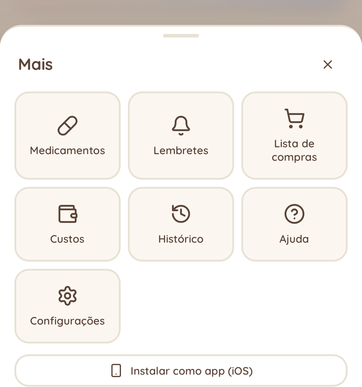O atalho 'Instalar como app (iOS)' fica no menu Mais e te traz pra cá.