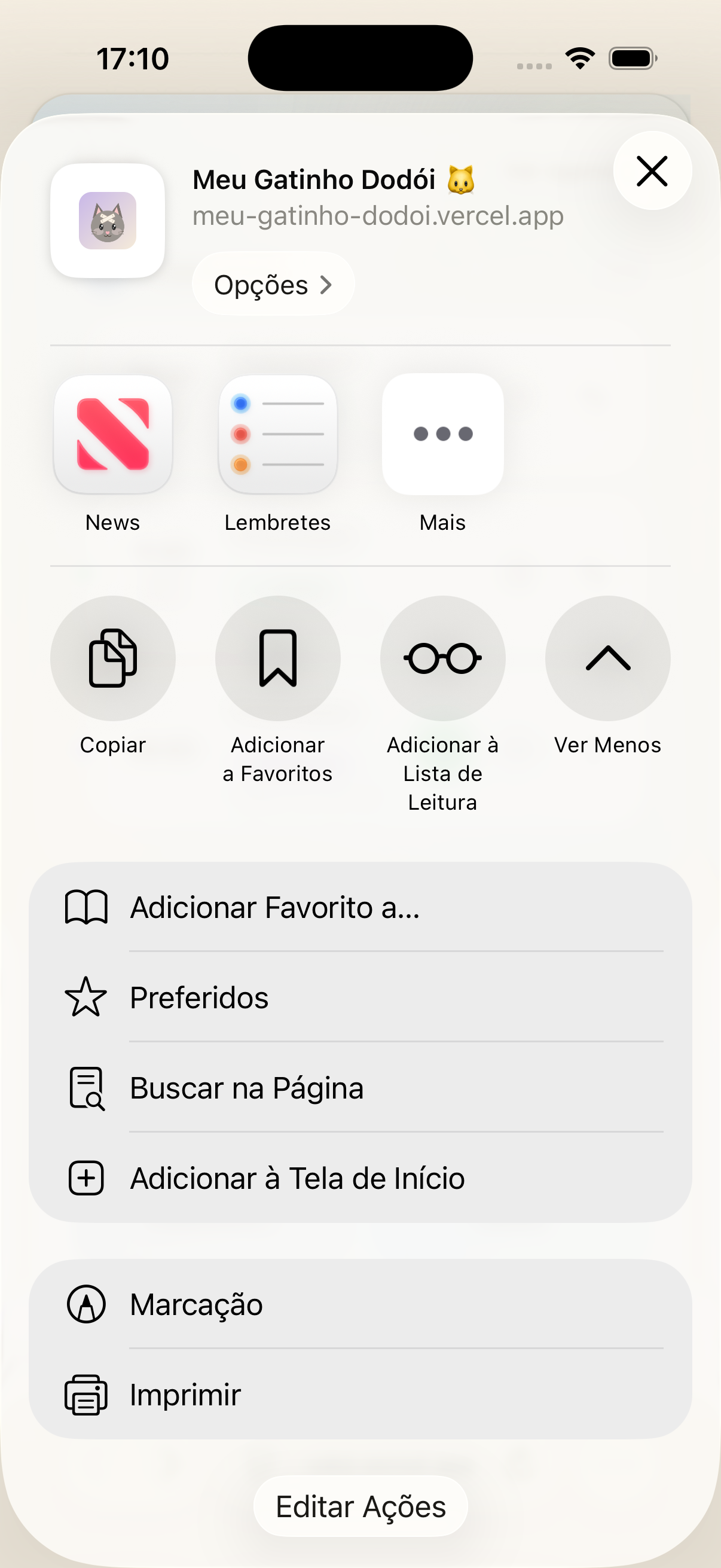 Painel de compartilhamento do iOS expandido, com a opção 'Adicionar à Tela de Início' visível na lista.