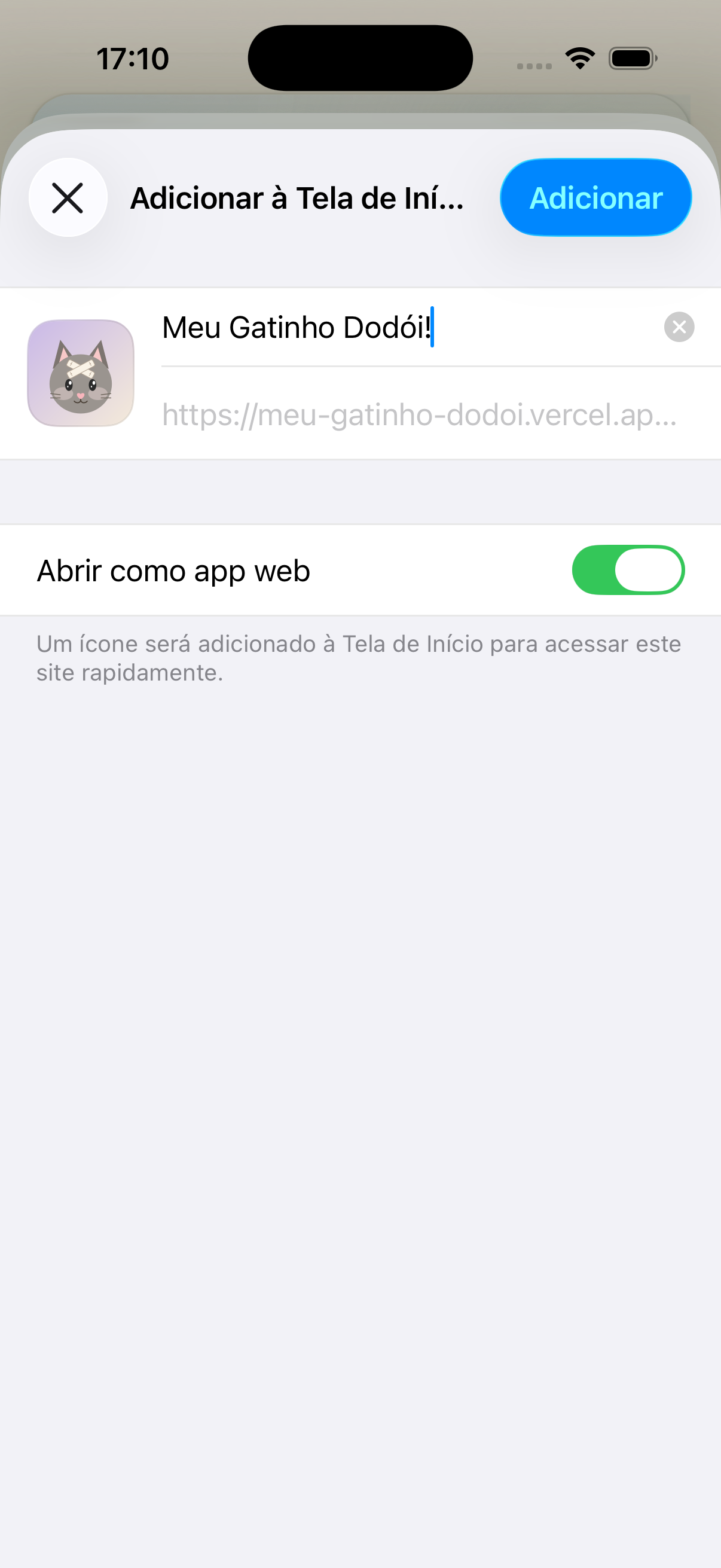 Diálogo do iOS pra confirmar a adição à tela inicial, com ícone do app, nome editável e botão azul 'Adicionar'.