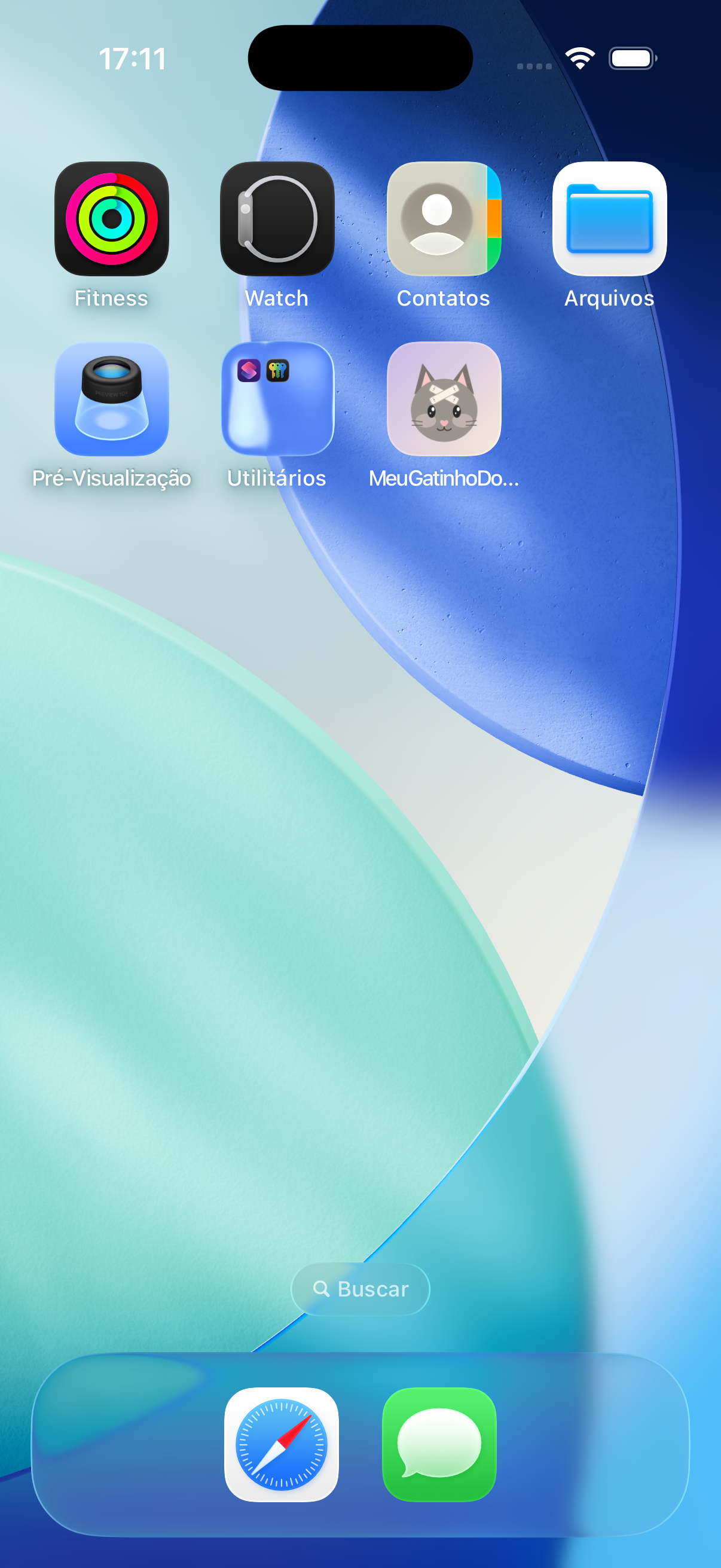 Tela inicial do iPhone com o ícone 'MeuBichinhoDo...' instalado entre os outros apps.