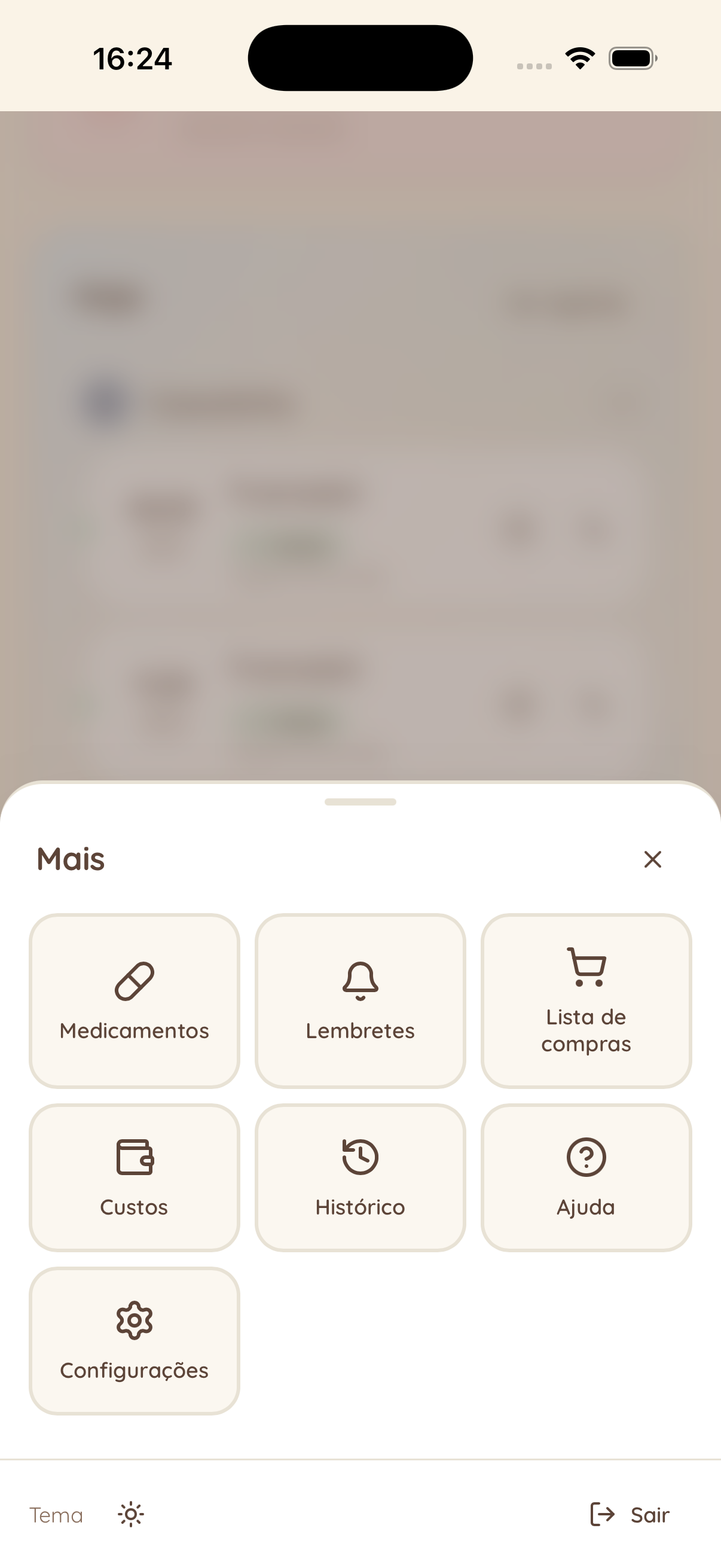 Menu Mais aberto no iPhone, com o atalho 'Configurações' visível.