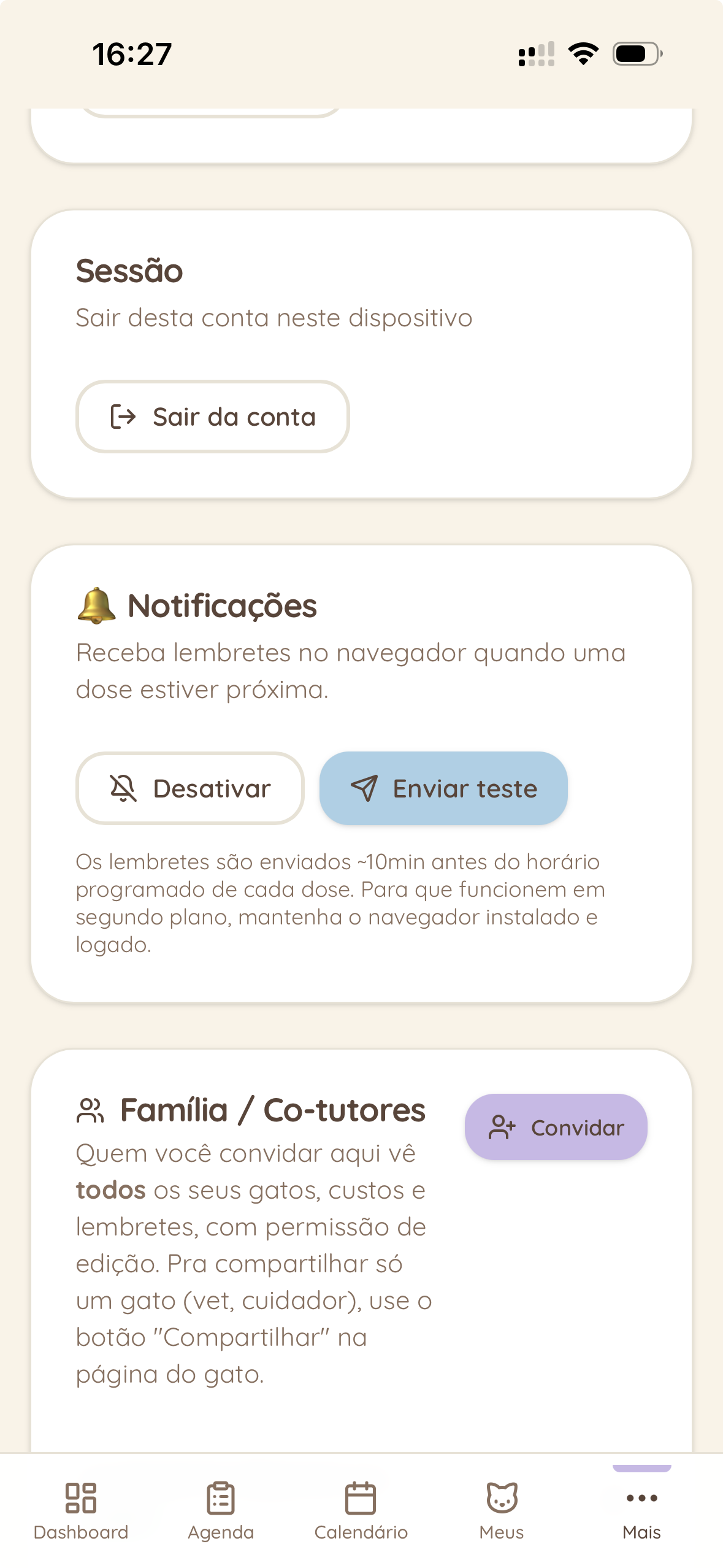 Card 'Notificações' depois de ativar, mostrando os botões 'Desativar' e 'Enviar teste'.